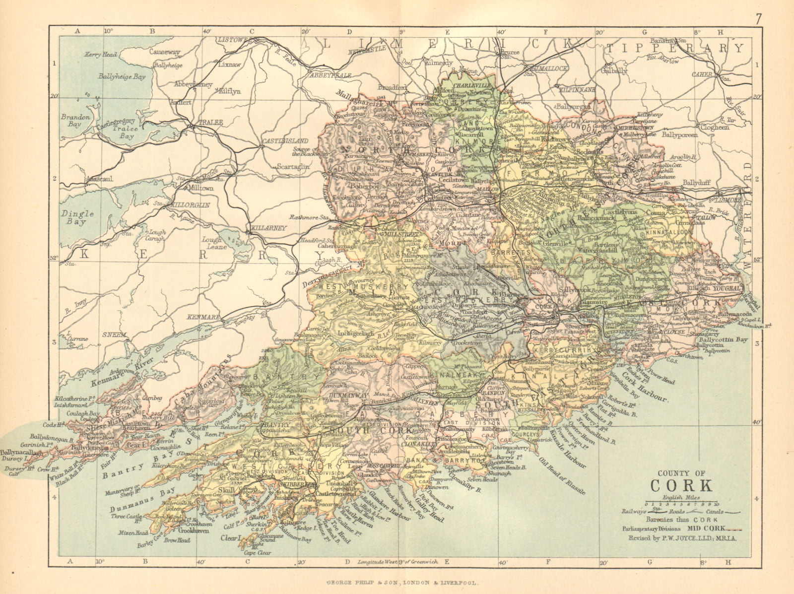 COUNTY CORK. Antique county map. Munster. Ireland. BARTHOLOMEW c1902 old